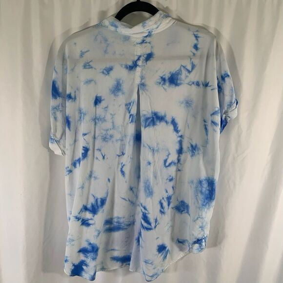 Jane Delancey Blouse Women's 1X White Blue Tie Dye Button Up Short Sleeve - Picture 7 of 9
